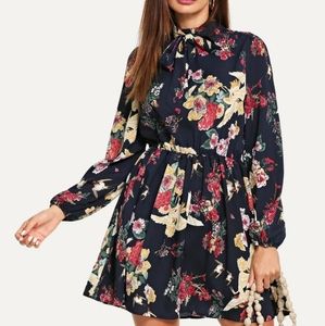 Floral Aviary Bishop Sleeve Tie-Neck Collar Dress